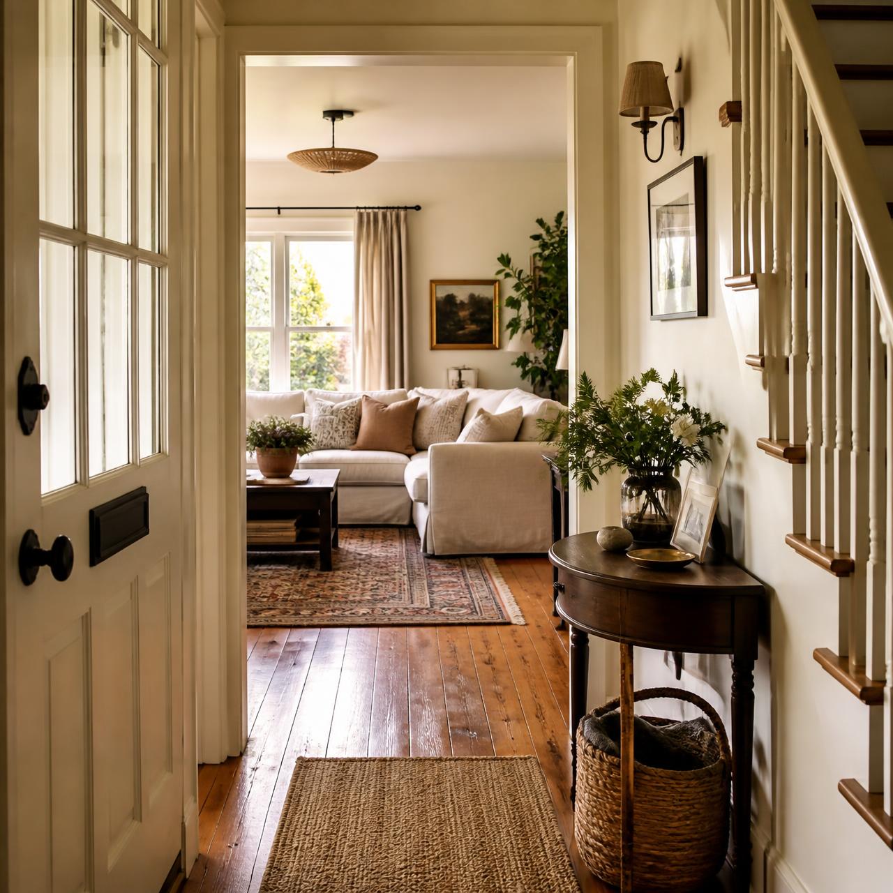 Sunlit cottage entryway and living room