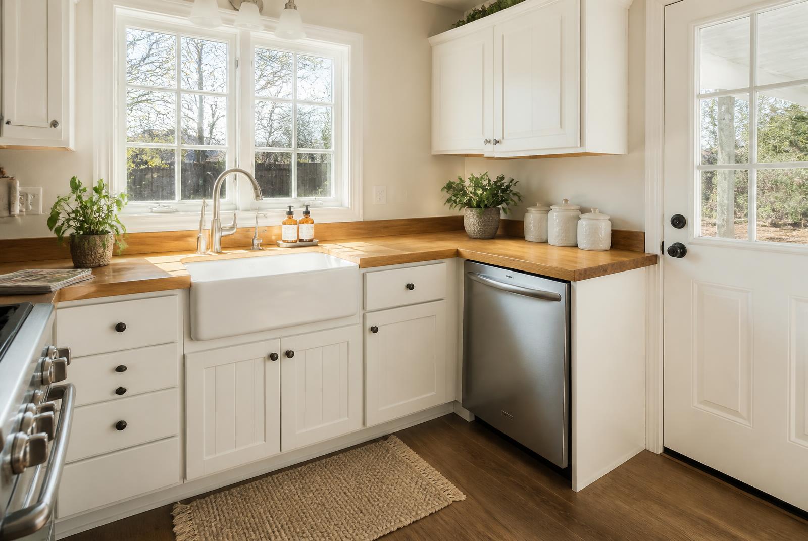 Bright kitchen with non-toxic cleaning products on the counter