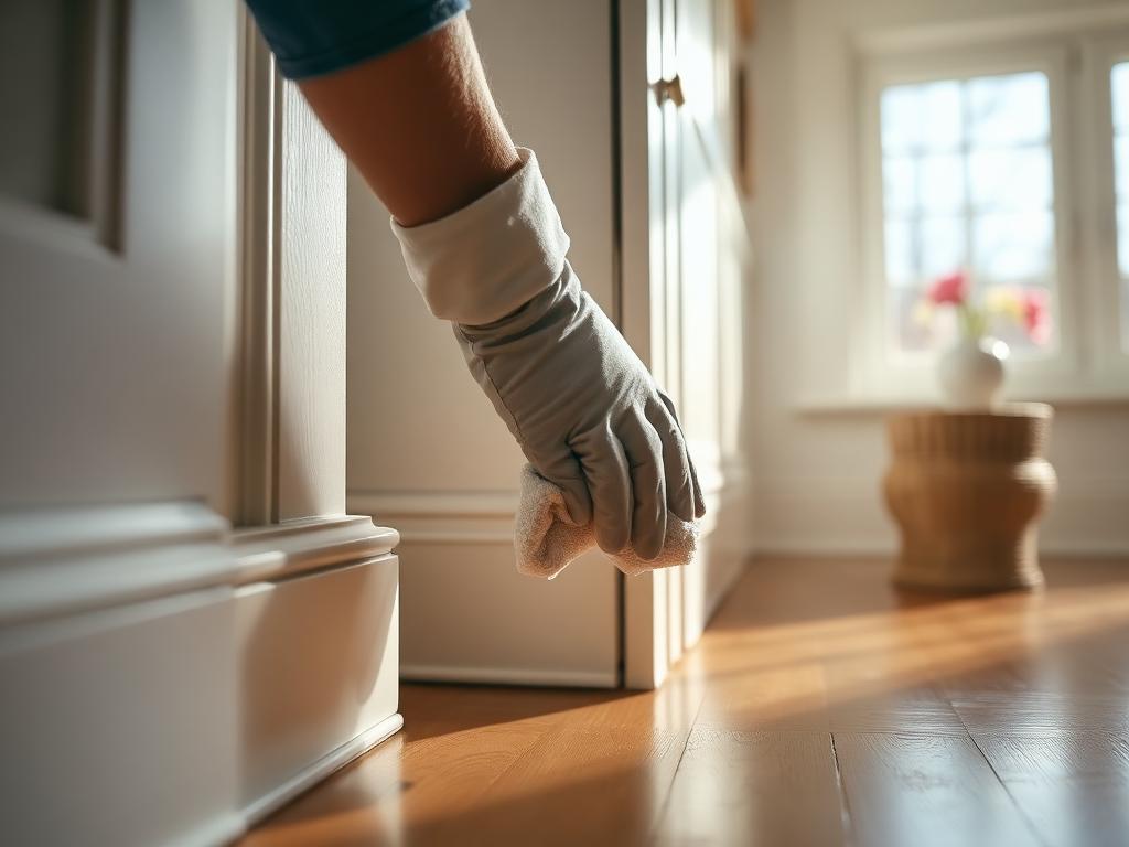 Gloved hand wiping white baseboards during a deep clean