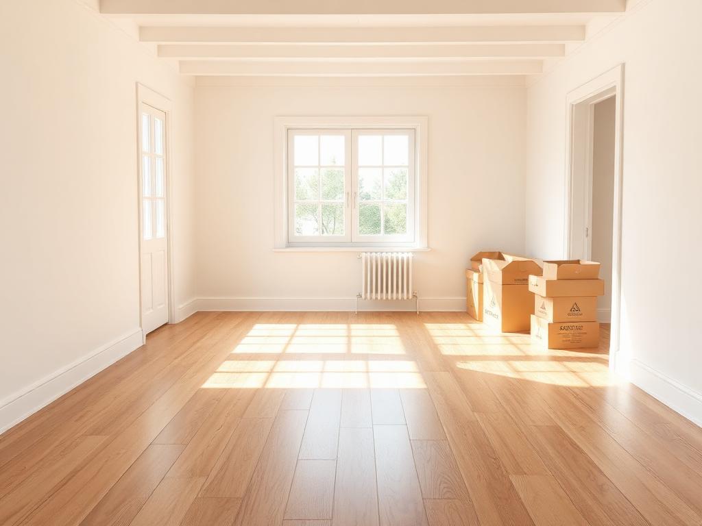 Empty spotless room with moving boxes and sunlight on wood floors