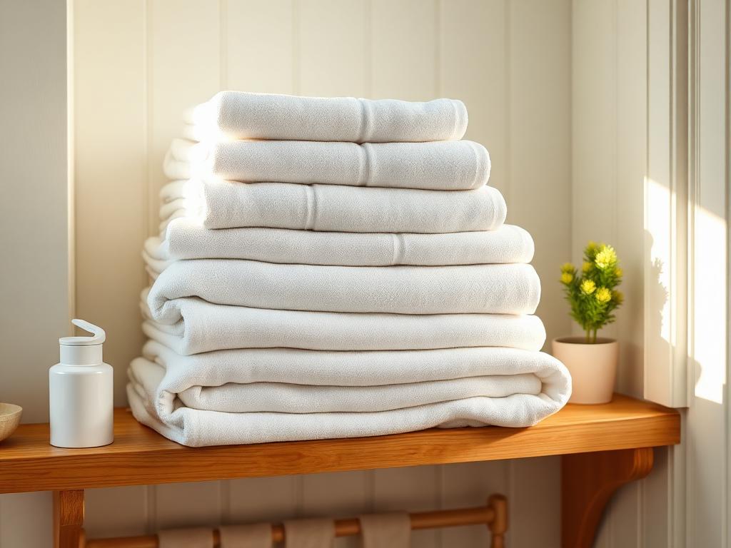Freshly folded towels stacked on a wooden shelf in a cottage bathroom