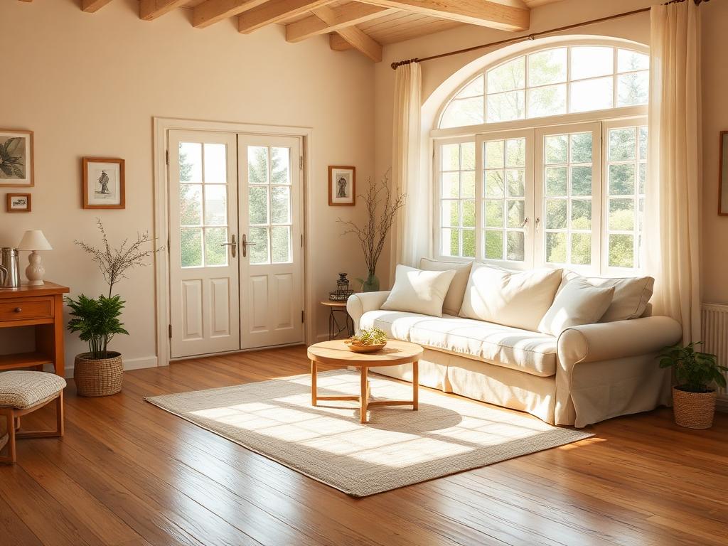 Sunlit tidy cottage living room after a standard cleaning